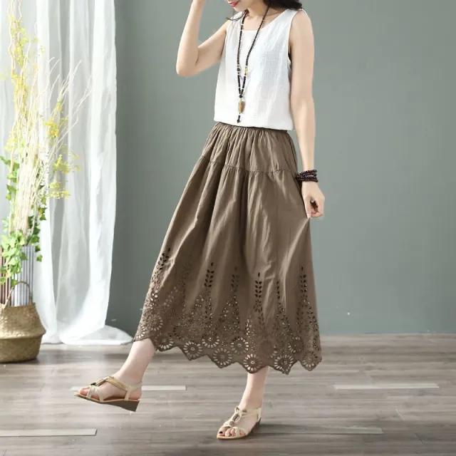 Women's Fashion Retro Art Elastic waist Hollow Embroidered Skirt Khaki - Shop at LoveMi