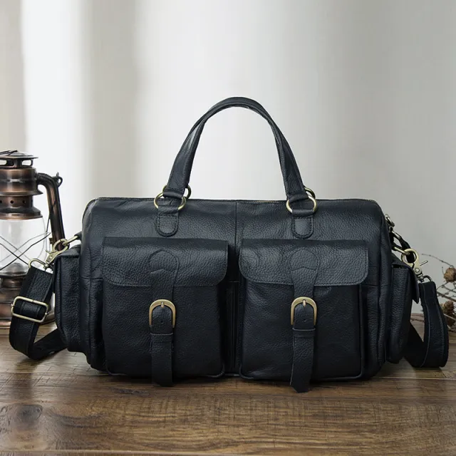 Top Layer Oil Wax Skin Cowhide Leather Retro Men's 14 inch Business Handheld Official Document Bag Black - Shop at LoveMi