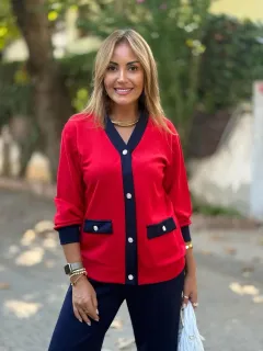 New Coat Casual Contrast Colour V-neck Knitted Cardigan Long-sleeve Suit - Blue - View 1