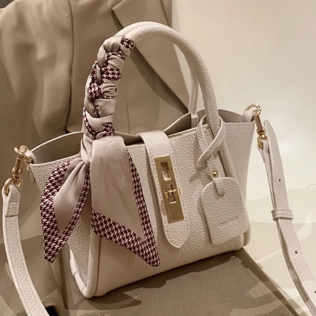 Litchi Pattern Soft Leather Portable Tote Bag Bag Shoulder Strap Silk Scarf - Shop at LoveMi