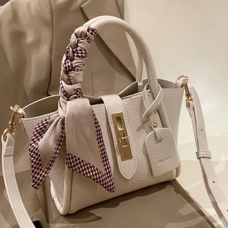 Litchi Pattern Soft Leather Portable Tote Bag - Bag Shoulder Strap Silk Scarf