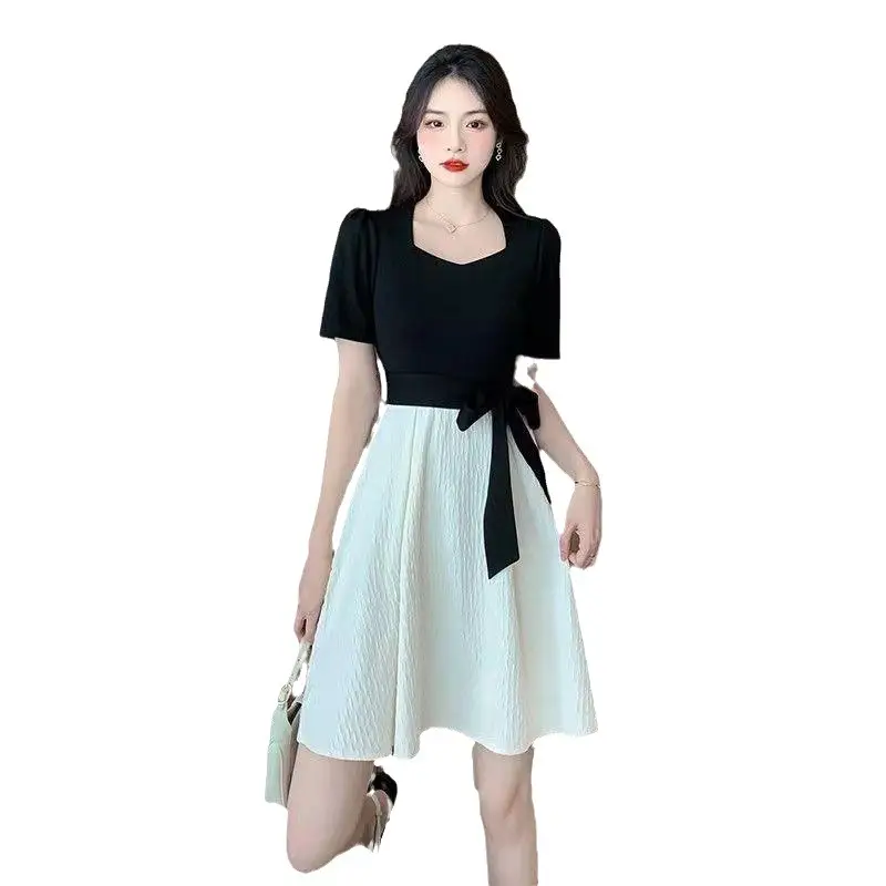 Square-neck Cinched Slimming Patchwork Niche Long Skirt