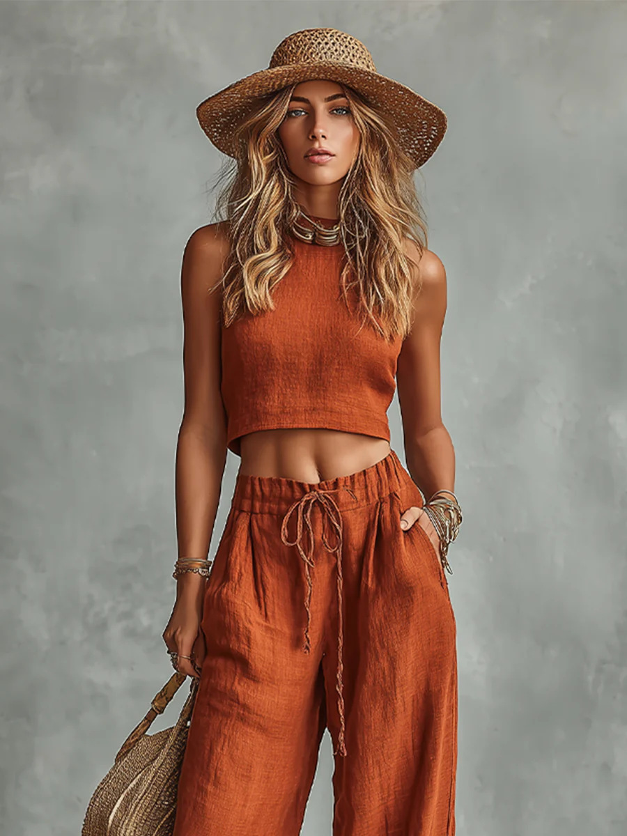 Women's Vest High-Waist Wide-Leg Pants Co-ord – full outfit side view
