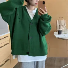Loose V-neck Single Breasted Knitted Cardigan For Women - Green - View 1