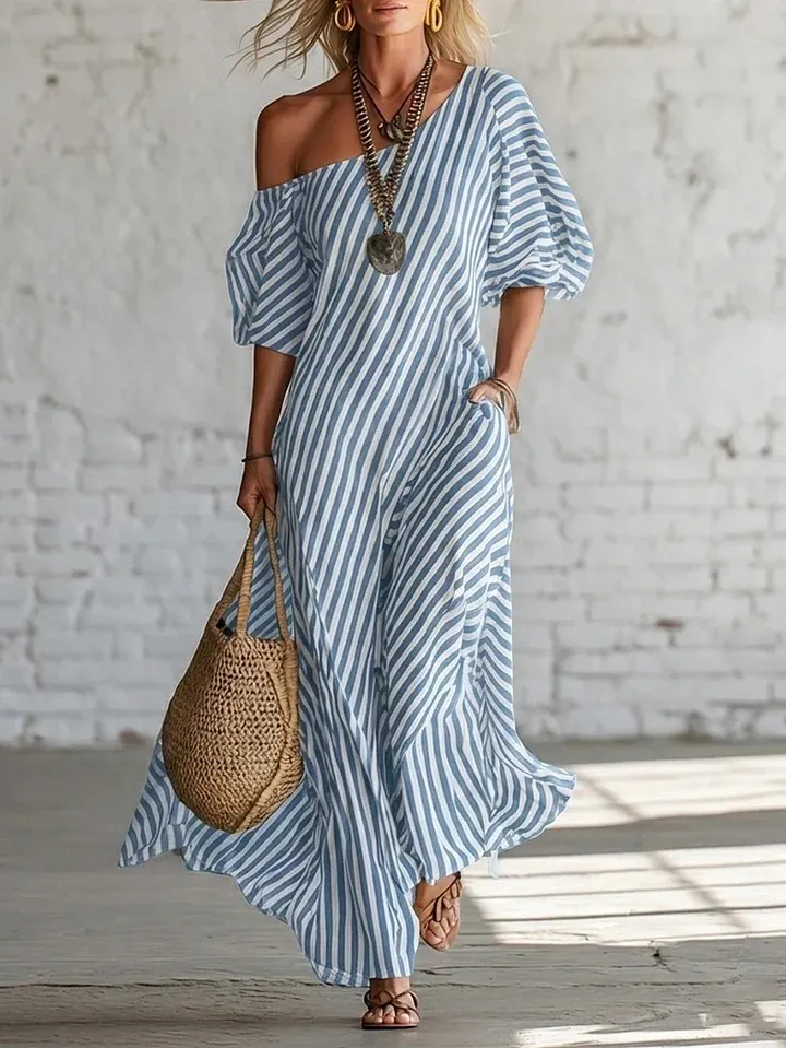 off the shoulder casual dresses Striped Print Off-Shoulder Dress Summer Fashion Short-Sleeved Maxi Dress Women's Vacation Party Beach Size:17W Wedding Dresses Under $200 celebrity inspired dress White (All measurement in cm