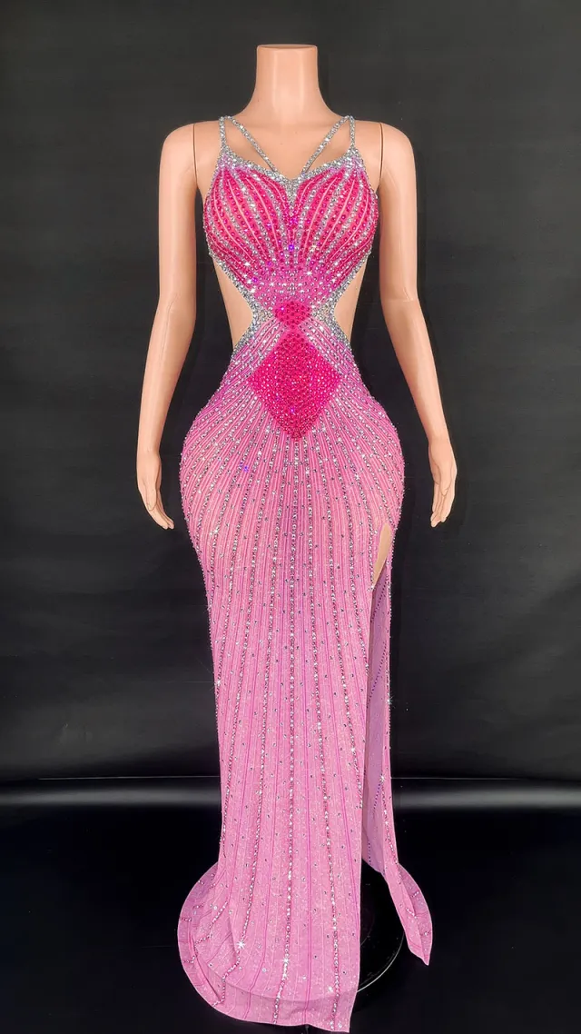 Sling Super Shiny Light Diamond Cinched Bodycon Sleeveless Dress Party Performance Stage Performance Dress Rose Red - Shop at LoveMi