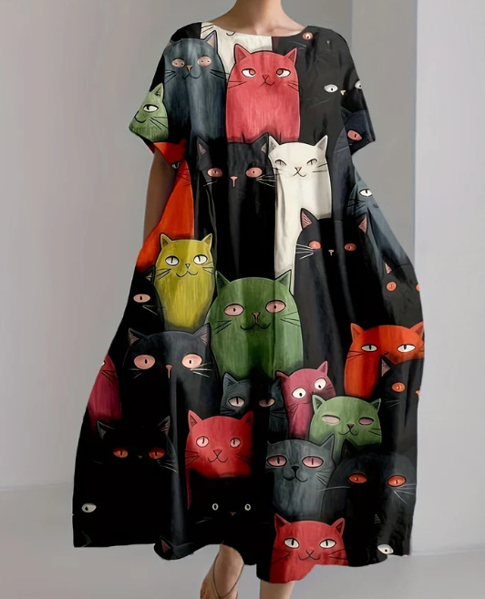 Loose Round Neck Advanced Short Sleeve Printing Dress Bj113123411277 - Shop at LoveMi