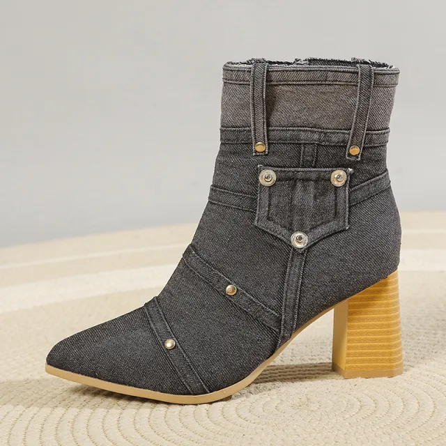 Denim Pointed Toe Chunky Heel Martin Boots Women Black - Shop at LoveMi