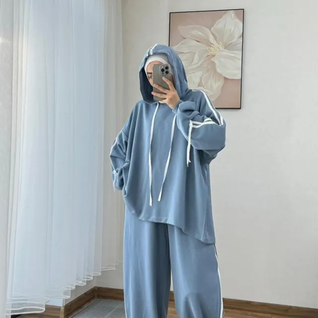 Middle East Long sleeved Hooded Wide leg Pants Temperament Commute Fashion Suit Sky Blue - Shop at LoveMi