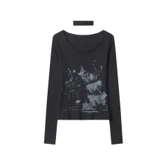 U-neck Long-sleeved Pullover Jacquard Special-interest Design Top - Black - View 1