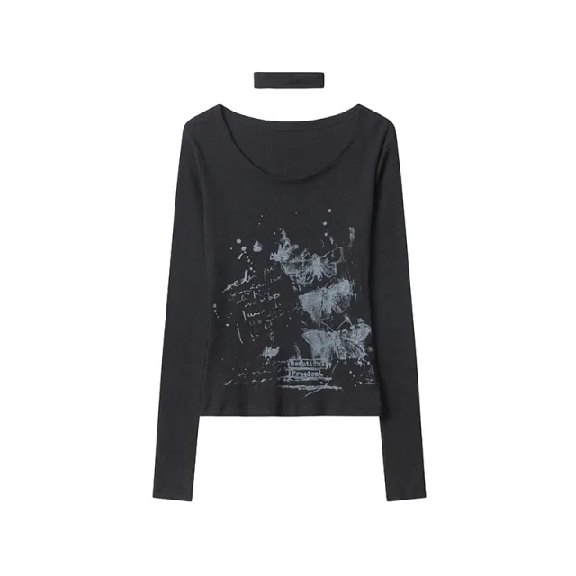 U neck Long sleeved Pullover Jacquard Special interest Design Top Black - Shop at LoveMi