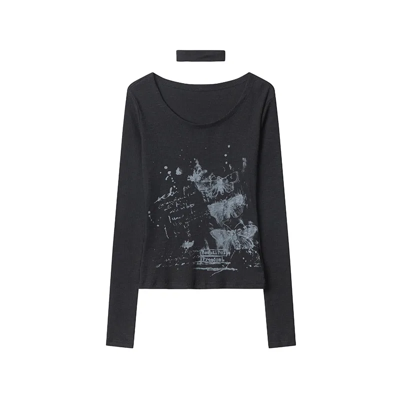 U-neck Long-sleeved Pullover Jacquard Special-interest Design Top - Black