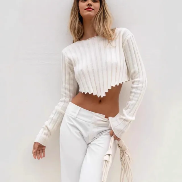 Women's Cropped Short Sweater Solid Color White - Shop at LoveMi