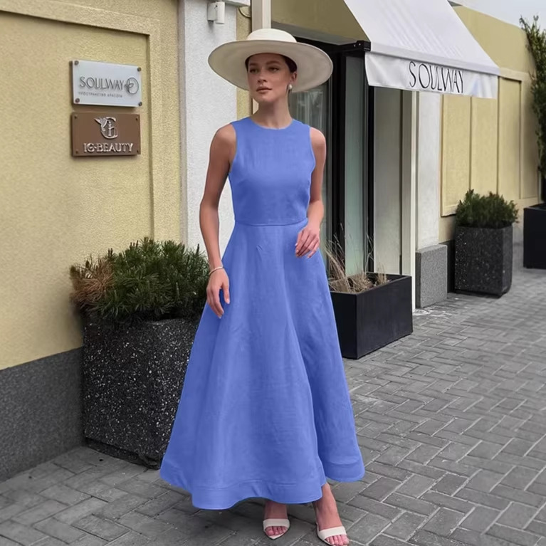 Womens Blue Crew-Neck Cotton-Linen Dress, Tank-Style Long Skirt