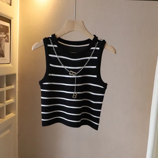 Summer Clothing New Korean Style Women's Contrast Color Striped Round Neck Vest Letter Chain Short Inner Black - Shop at LoveMi