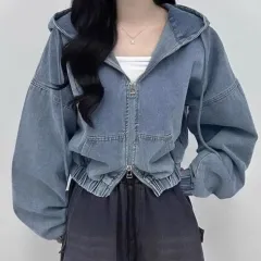 Style Elegant Double Zipper Loose Leisure Short Long Sleeve Hooded Denim Jacket - Blue - View 1