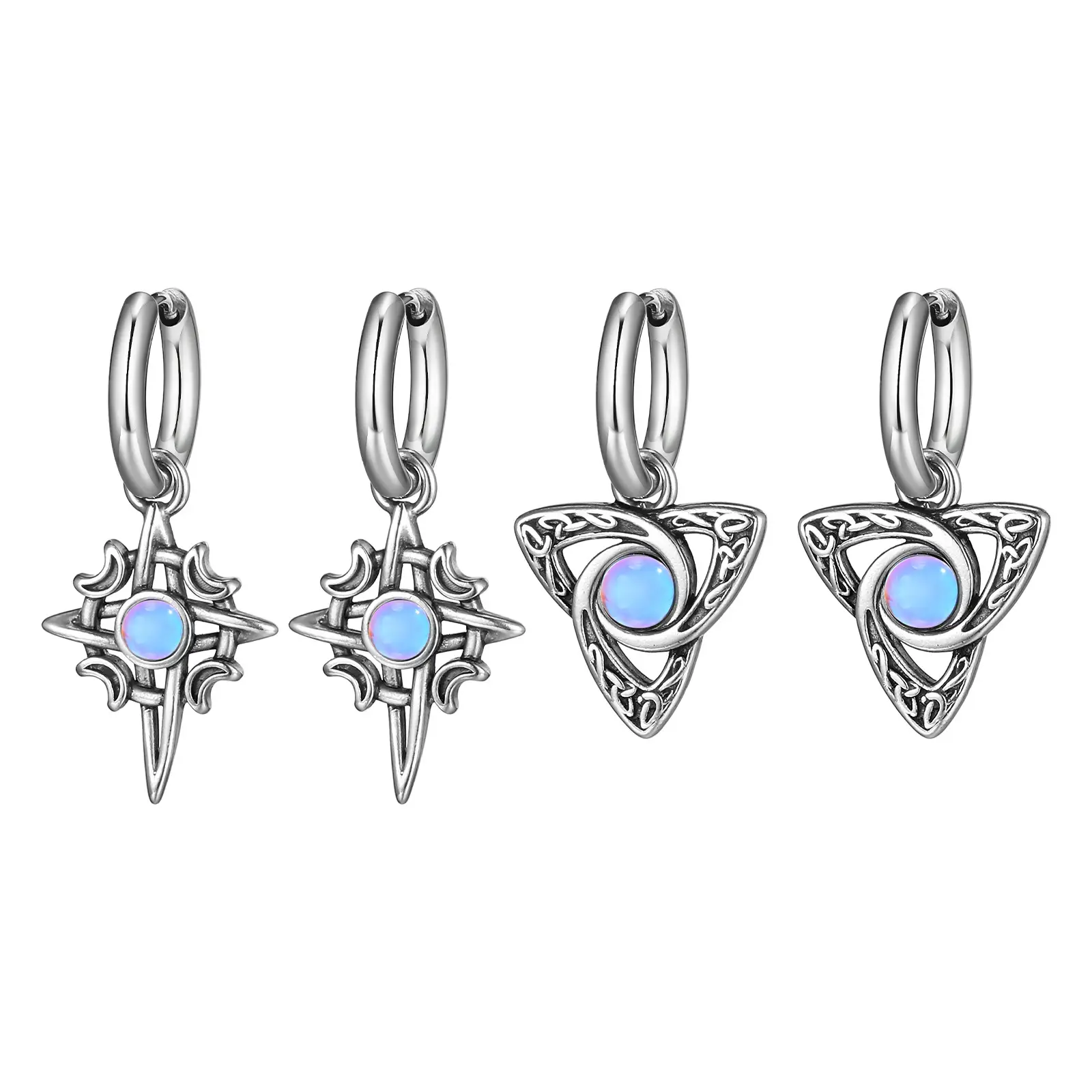 Stainless Steel Moon Four Eight-pointed Stars Moonstone Earrings