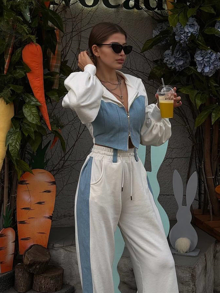 Fashion Casual Sweater Suit Denim Stitching Hooded Top And Trousers Women's Clothing