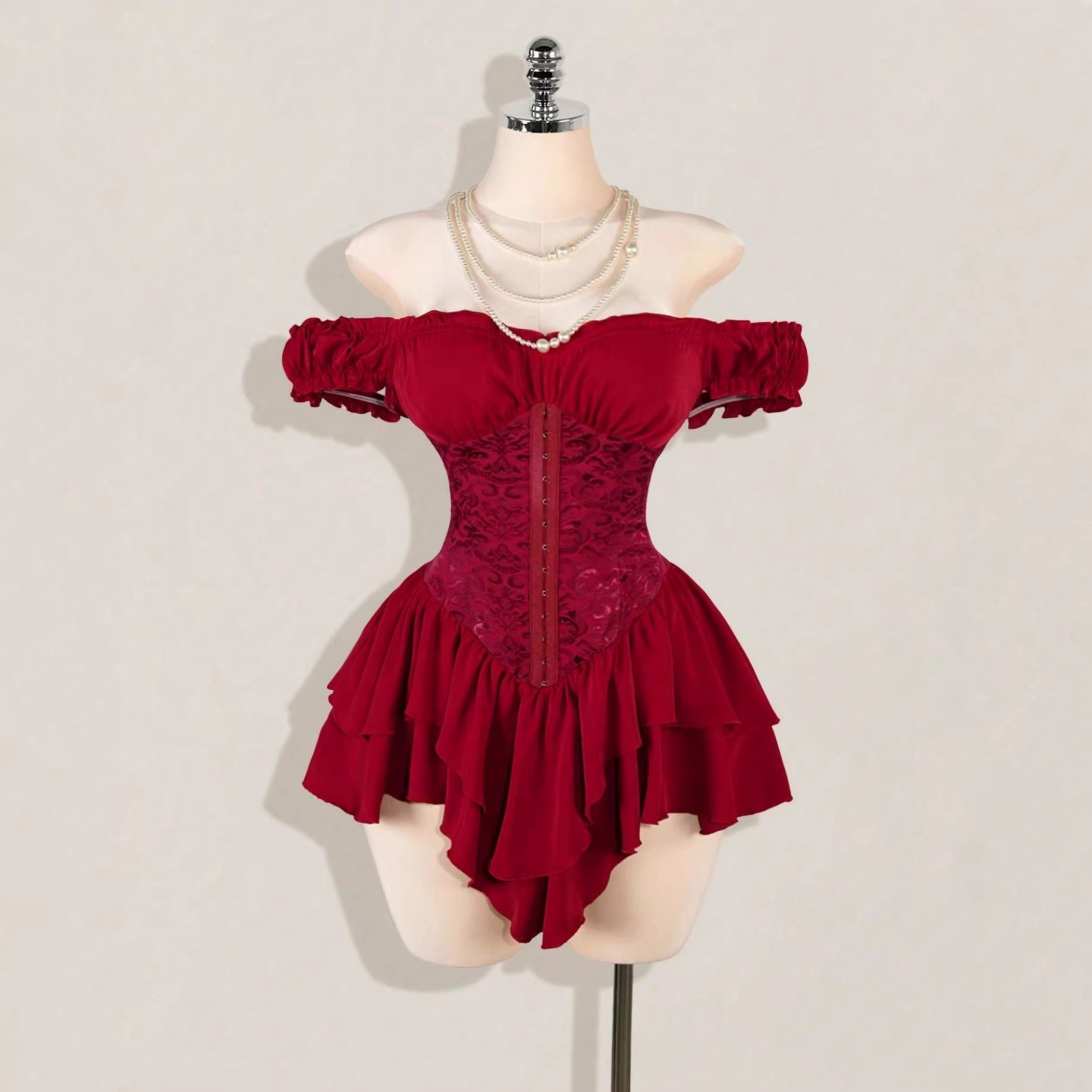 Jacquard Patchwork Ruffled Lotus Leaf Dress