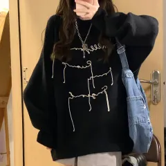 Black Letter Loose And Lazy Style Knitwear Top - Black - View 1