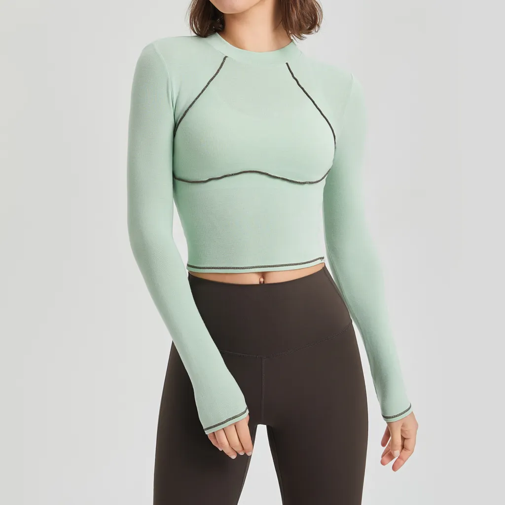 Autumn And Winter Fitness Suit Women's Long Sleeve Muss Tight Training Sports Top Women's Contrast Running Yoga Suit - Green