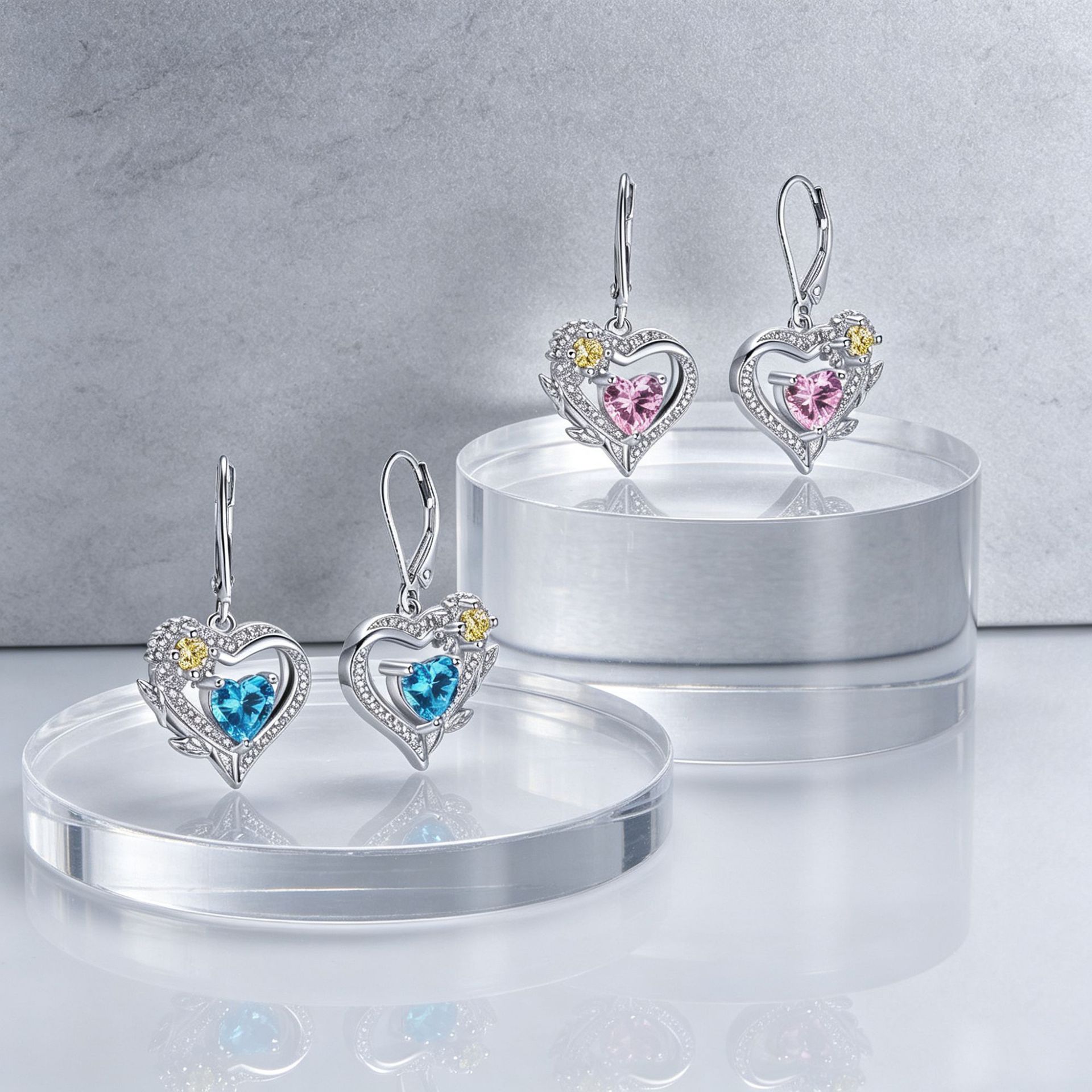 Twelve Zodiac Birthstone Rose Heart Stud Earrings For Women