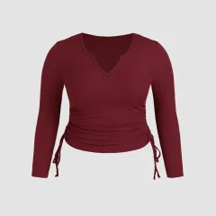 Lady V-neck Drawstring Slim Long Sleeve Crop Top - Wine - View 1