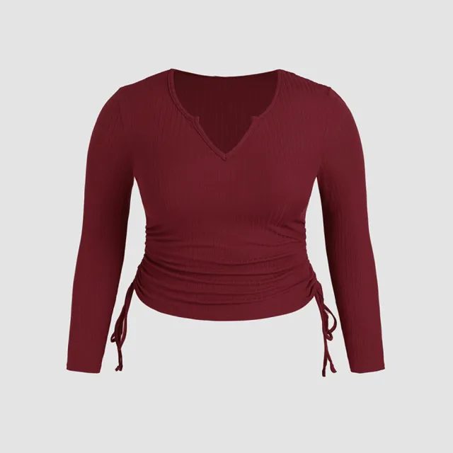 Lady V neck Drawstring Slim Long Sleeve Crop Top Wine - Shop at LoveMi