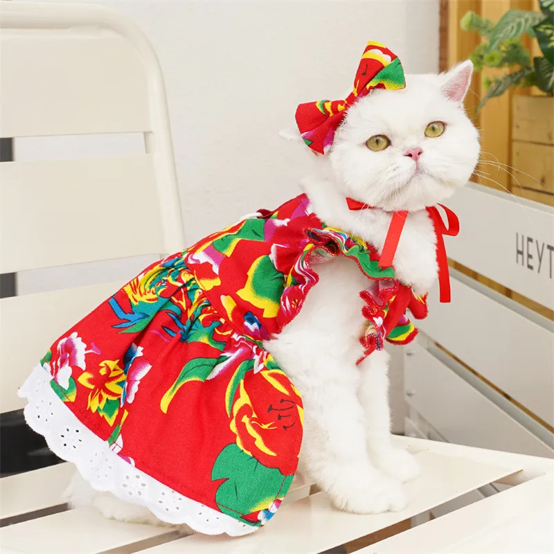 Pet Clothes Flounced Sleeve Three Colors Dress - Big Flower Jacket
