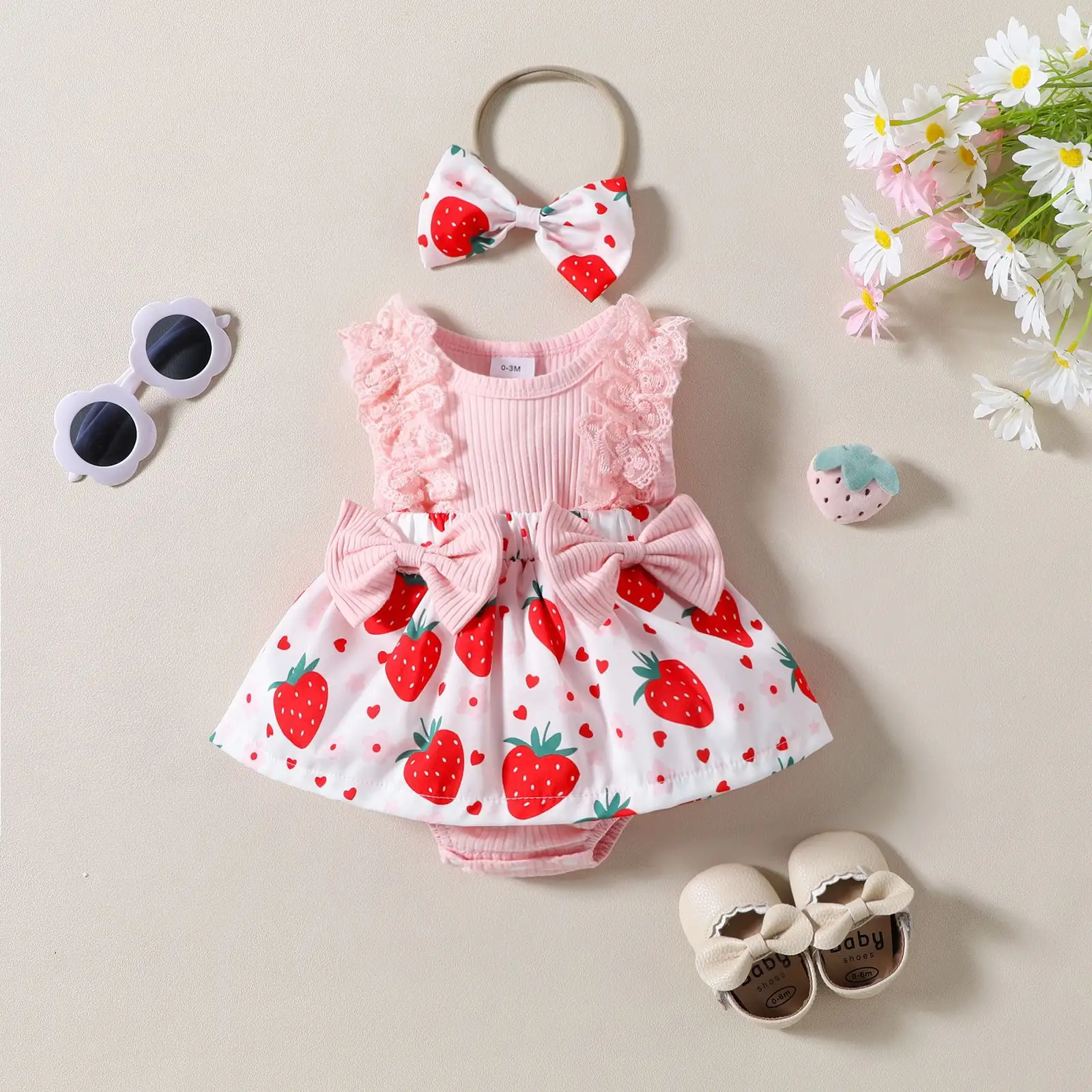 Infant Toddler Strawberry Print Bow Sleeveless Summer