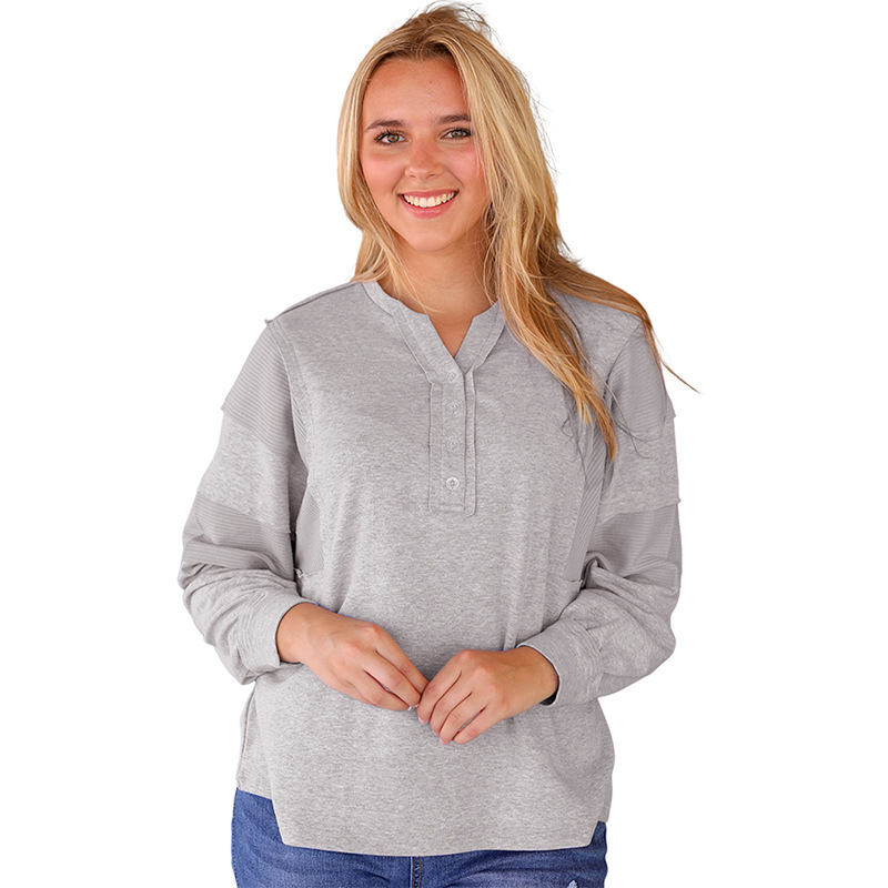 Loose Solid Color Bottoming Shirt Leisure Simple V neck Long Sleeve T shirt Gray - Shop at LoveMi