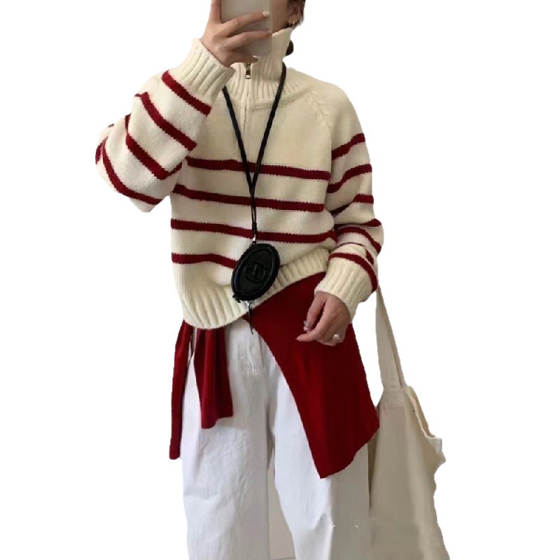 Korean Style Half Turtleneck Zipper Pullover Knitting Vintage Stripe Sweater
