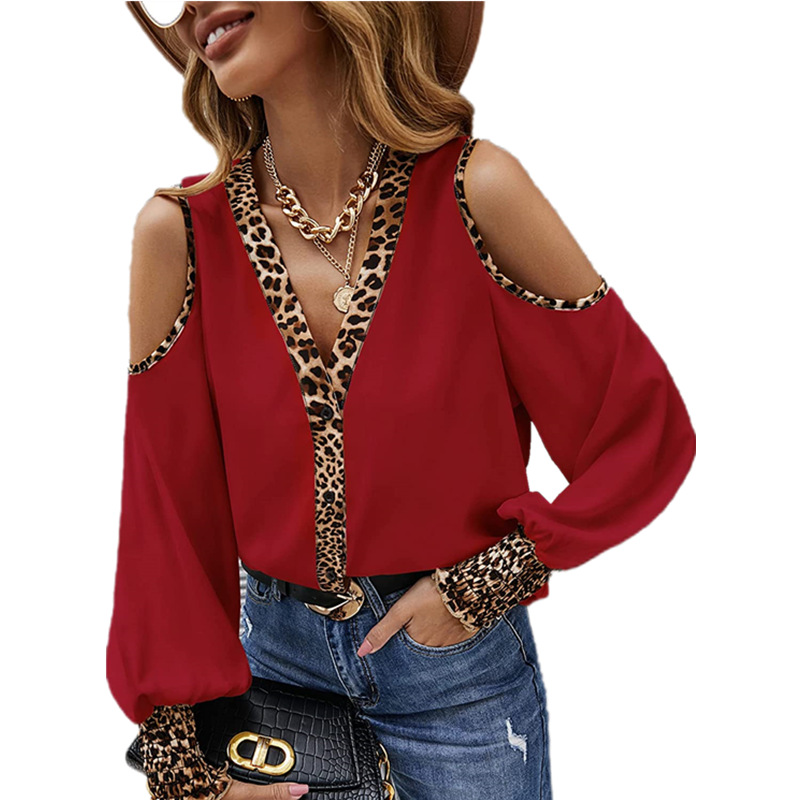 Title 9, New Leopard Print Patchwork V-Neck Button T-Shirt