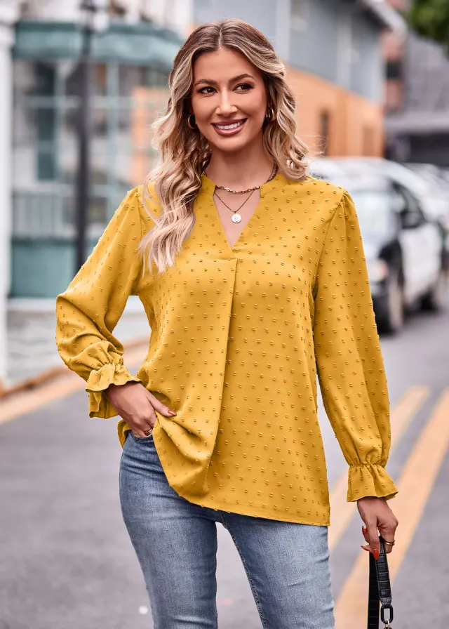 V neck Loose Long Sleeve Umbrella Sleeve Top Turmeric - Shop at LoveMi