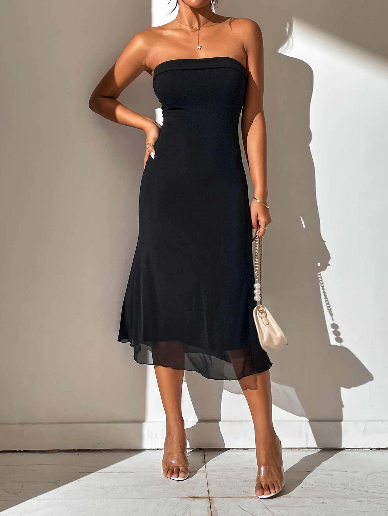 Solid Color Strapless Waist cinching Bodycon Dress Black - Shop at LoveMi