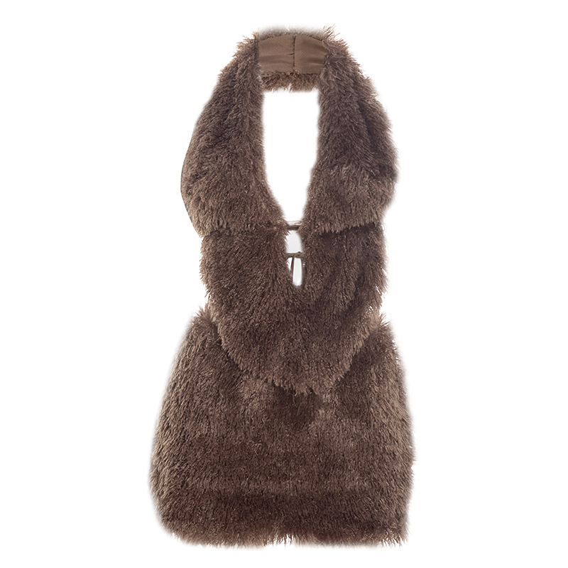 Fuzzy Collar Brown Patchwork Skirt Set for Autumn Winter Fuzzy Collar Brown Patchwork Skirt Set for Autumn Winter