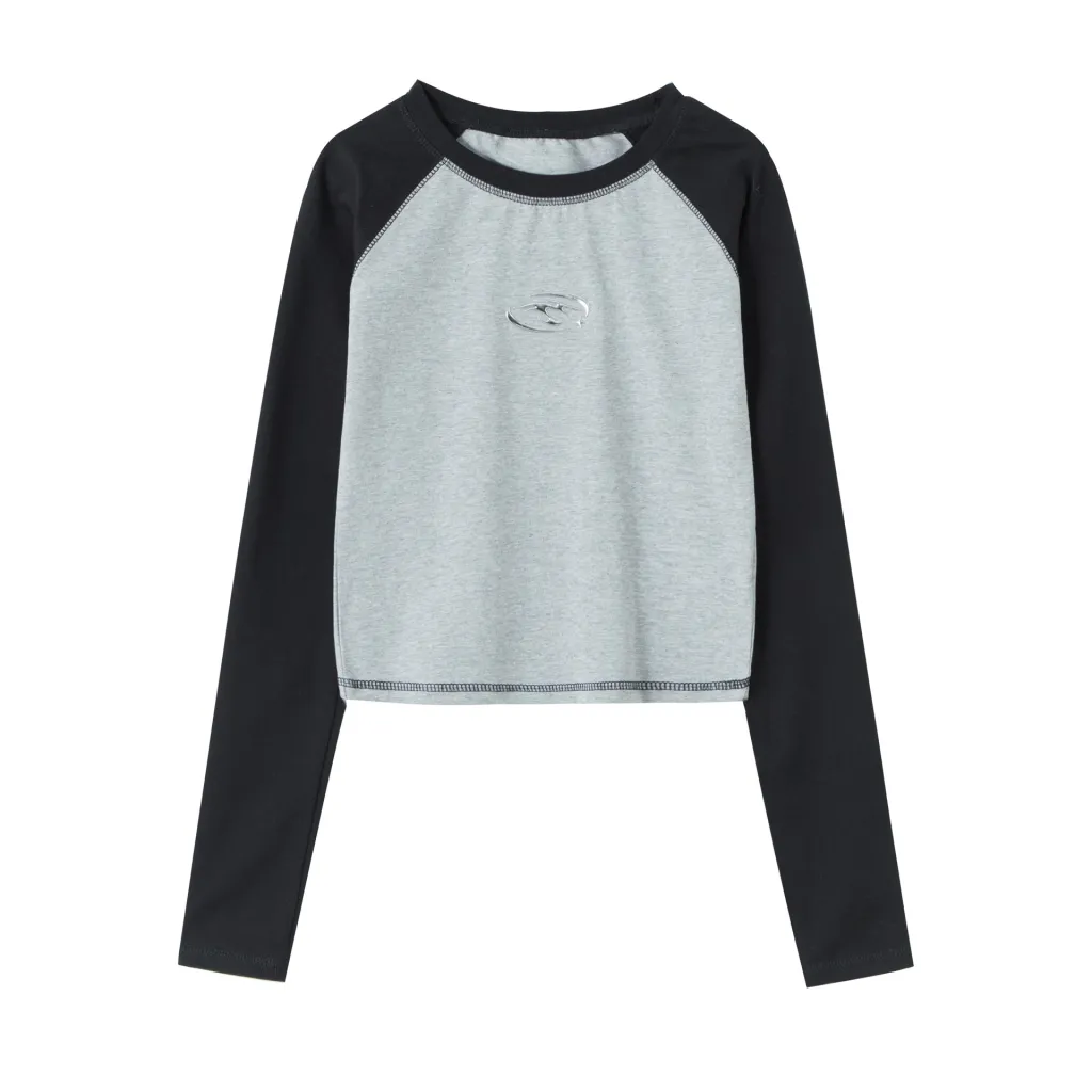Women's Raglan Long-sleeved Top Korean-style Short - Flower Gray