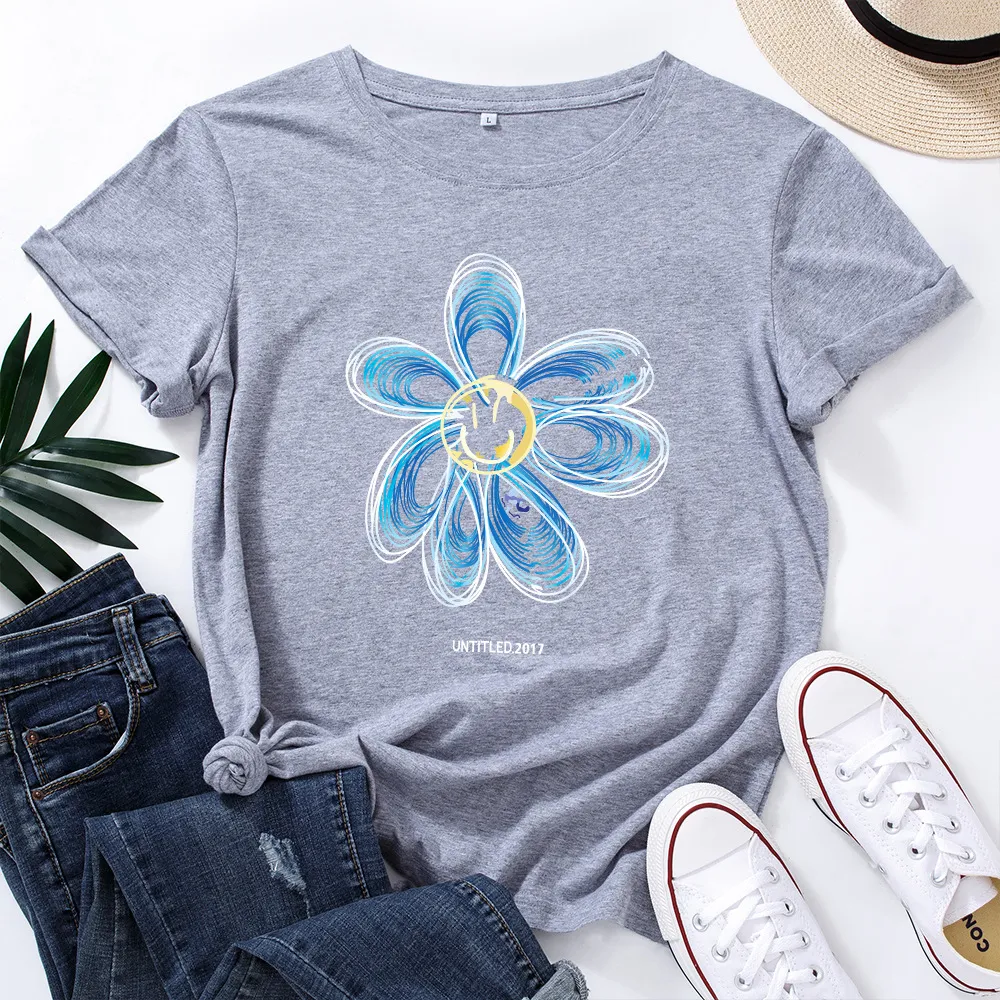 European And American Cotton Loose Round Neck Creative Flower Short Sleeve - Light Gray