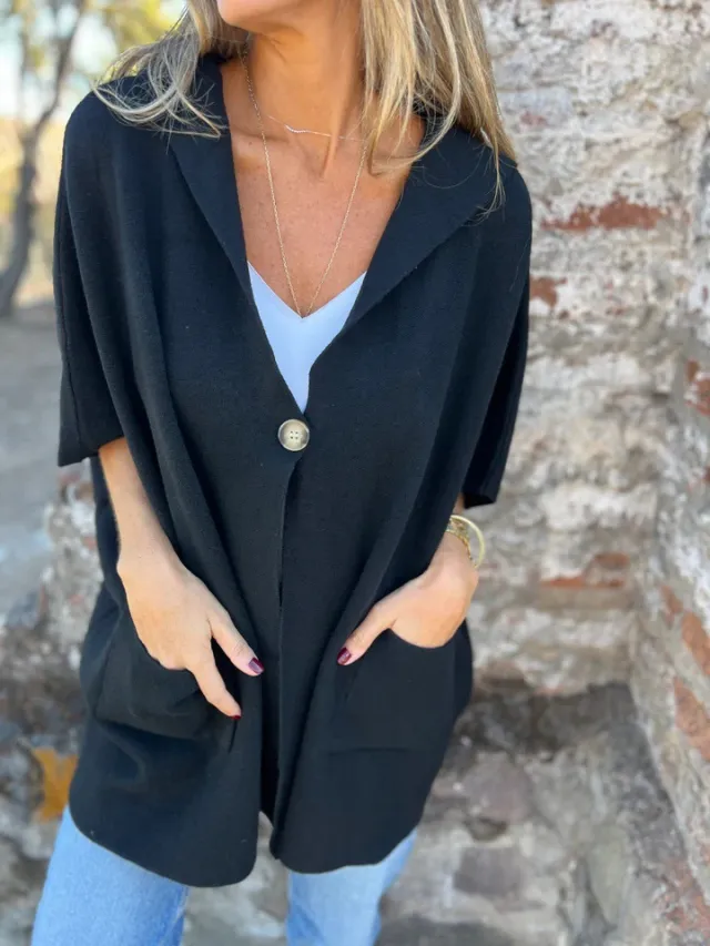 Women's Lapel Single Buckle One Piece Cape Coat Black - Shop at LoveMi