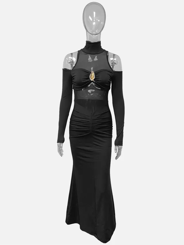 Round neck Mesh Panel Long Sleeve Pleated Dress Black - Shop at LoveMi