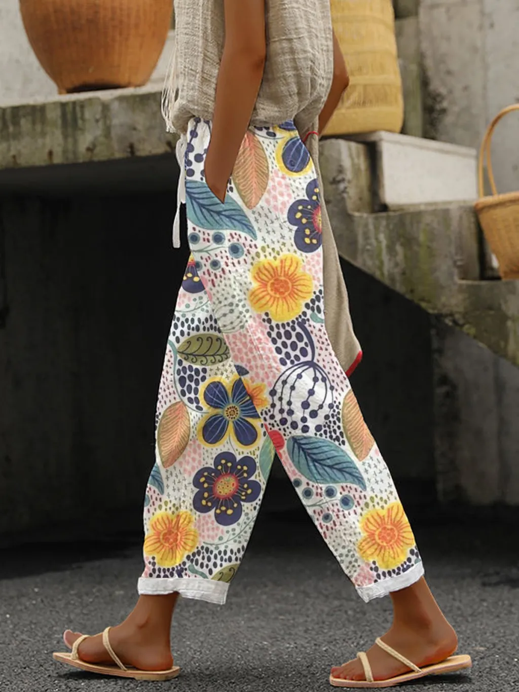 Casual Drawstring Pocket Floral Floral Print Casual Jumpsuit - 3 Style