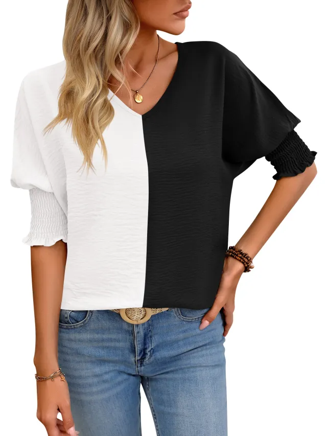 V neck Loose Smocking Batwing Sleeve Color Matching Top Black - Shop at LoveMi