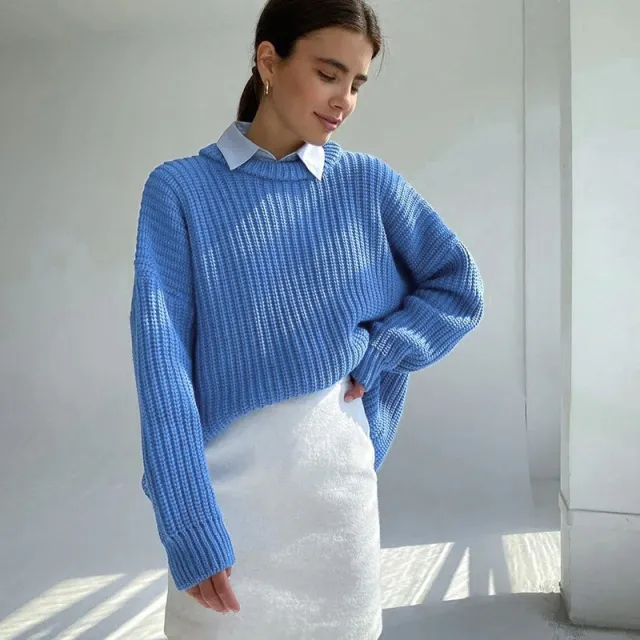 Autumn And Winter Loose fitting Casual Round neck Solid Color Sweaters Coat Blue - Shop at LoveMi