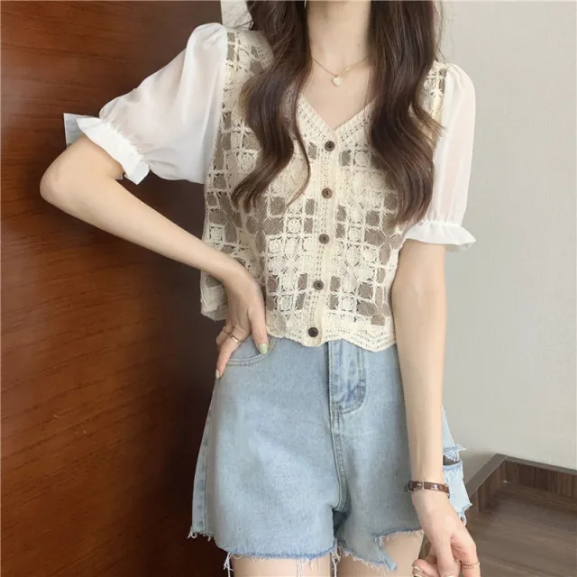 Hollow Lace Shirt Spring Fashion Long Sleeve Stitching Khaki Short Sleeve - Shop at LoveMi