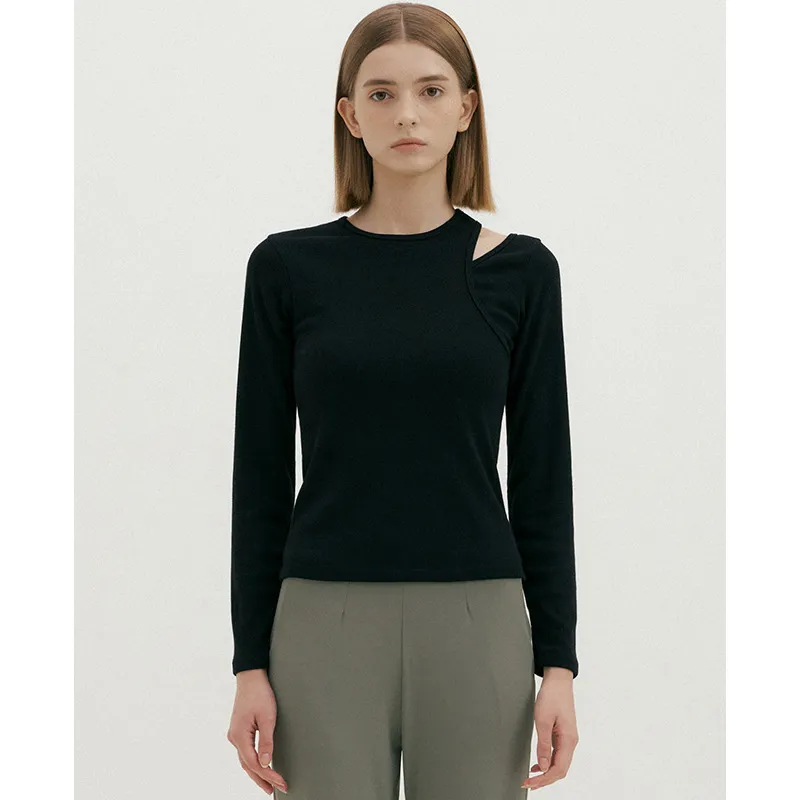 New Round Neck Long Sleeve Simple Solid Color Inner Wear Workout Top - Black