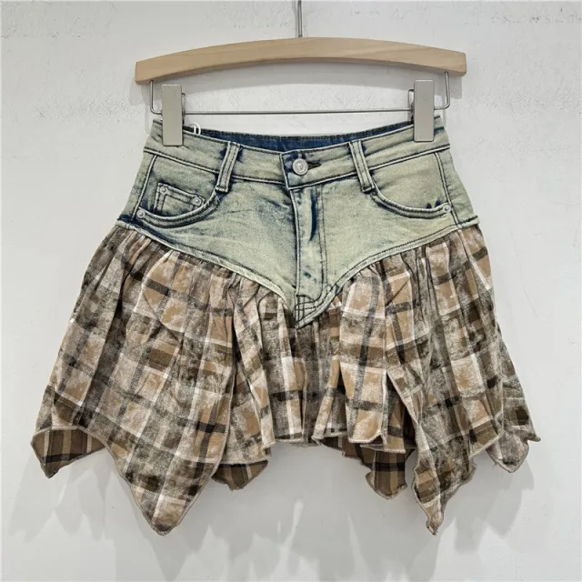 Heavy Industry Stitching Plaid Contrast Color Design Washed Stretch Denim Skirt Khaki - Shop at LoveMi