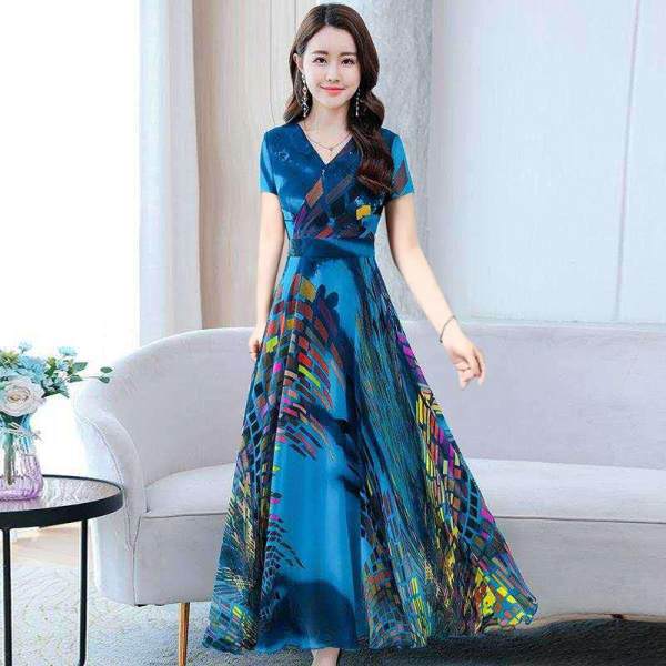 Short Sleeve High Waist Mother Skirt Ice Silk V-neck Women's Skirt