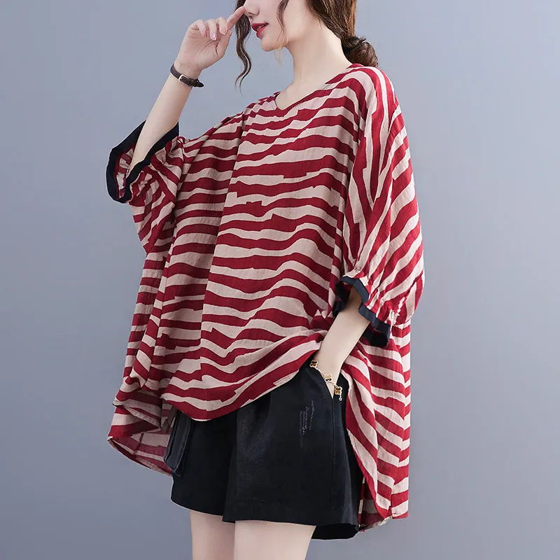 Summer Women's Loose Plus Size Striped Batwing Sleeve T-shirt - Red