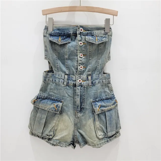 Breasted Hollow out Midriff Tube Top Cowboy Siamese Shorts For Women Retro Blue - Shop at LoveMi