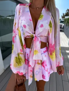 Chiffon Pleated Lantern Sleeve Long Sleeve V-neck Shirt Elastic Waist Straight Shorts Printing Suit - Pink - View 1